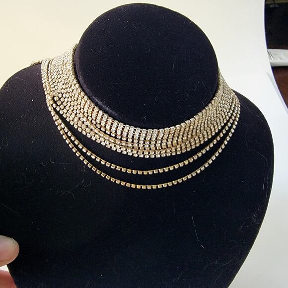Sparkling Vintage Rhinestone Choker Necklace Multi-Strand Statement Evening Wear - Picture 2 of 10